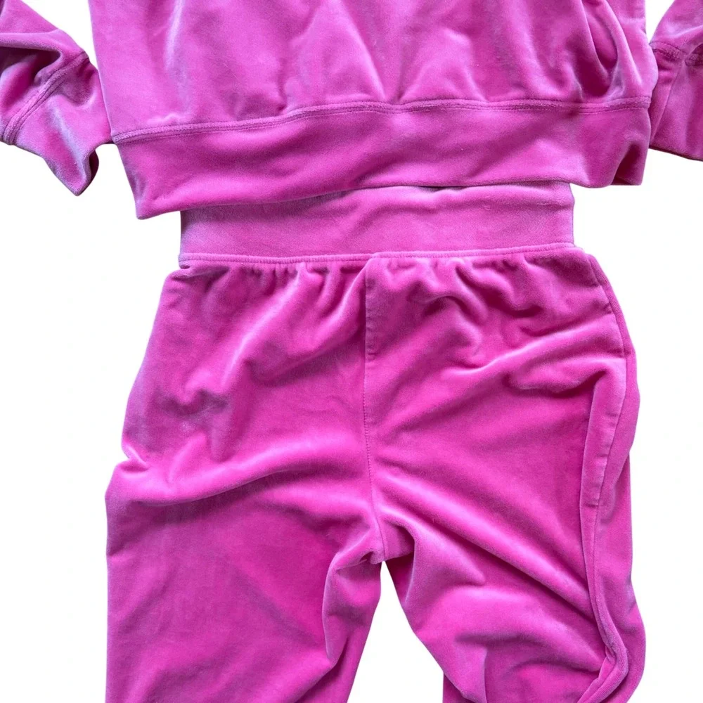 Y2K Inspired  Pink Velour Tracksuit Cropped Hoodie Wide‎ Leg Pants XS Barbiecore
